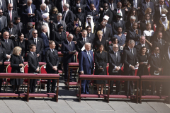 U.S. President Donald Trump and first lady Melania Trump, attend the funeral Mass for Pope Francis in St. Peter's Square at the Vatican April 26, 2025. (CNS photo/Pablo Esparza)